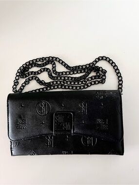 Steve Madden Bjuddy Black Monogram Embossed Crossbody Flap Wallet Clutch Bag
